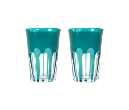 Rialto Tumbler in Millicent, set of 2 drinking glasses inspired by Venice's Rialto Bridge. Handcrafted in Turkey, each tumbler features unique color and cutwork. Perfect for water or wine. Hand-wash with a soft cloth and soapy water.