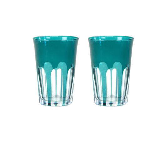 Rialto Tumbler in Millicent, set of 2 drinking glasses inspired by Venice's Rialto Bridge. Handcrafted in Turkey, each tumbler features unique color and cutwork. Perfect for water or wine. Hand-wash with a soft cloth and soapy water.