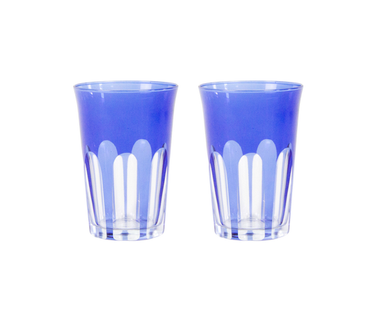 Rialto Tumbler in Moon Glow, set of 2 drinking glasses inspired by Venice's Rialto Bridge. Handcrafted in Turkey, each tumbler features unique color and cutwork. Perfect for water or wine. Hand-wash with a soft cloth and soapy water.