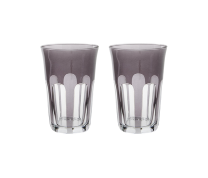 Rialto Tumbler in Smoke, set of 2 drinking glasses inspired by Venice's Rialto Bridge. Handcrafted in Turkey, each tumbler features unique color and cutwork. Perfect for water or wine. Hand-wash with a soft cloth and soapy water.