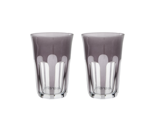 Rialto Tumbler in Smoke, set of 2 drinking glasses inspired by Venice's Rialto Bridge. Handcrafted in Turkey, each tumbler features unique color and cutwork. Perfect for water or wine. Hand-wash with a soft cloth and soapy water.