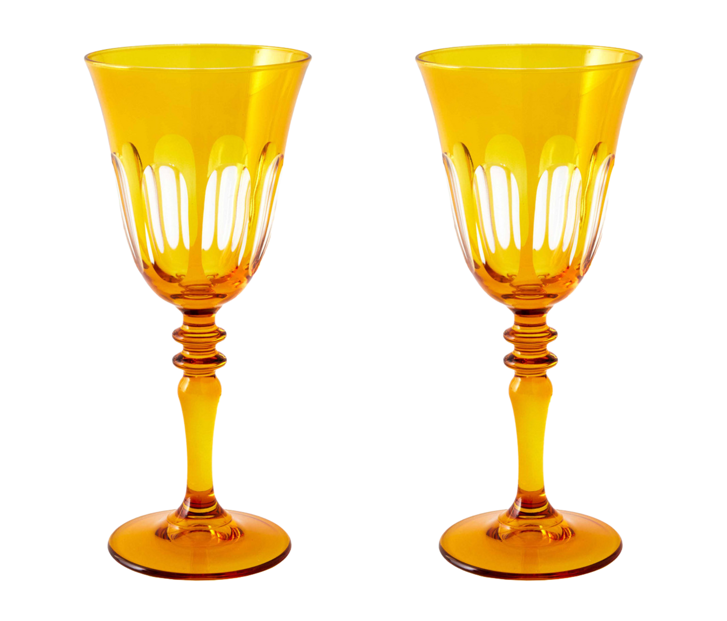 Rialto Wine Glass, set of 2, inspired by Venice's Rialto Bridge. Handcrafted in Turkey, each glass features unique color and cutwork. Holds 9 oz and perfect for adding a festive touch to your table. Hand-wash with a soft cloth and soapy water.