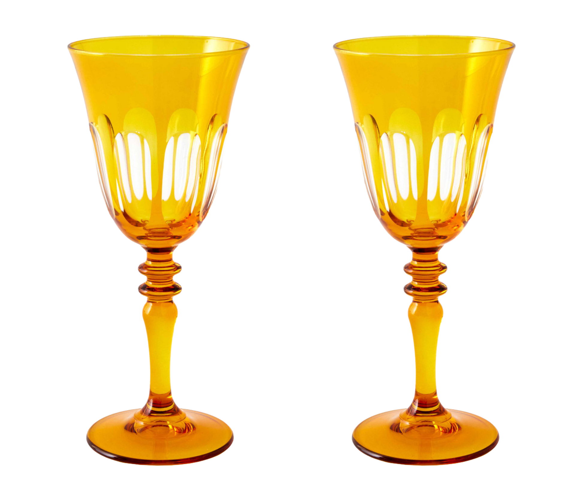 Rialto Wine Glass, set of 2, inspired by Venice's Rialto Bridge. Handcrafted in Turkey, each glass features unique color and cutwork. Holds 9 oz and perfect for adding a festive touch to your table. Hand-wash with a soft cloth and soapy water.