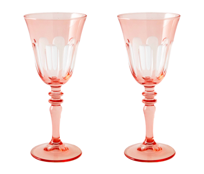 Rialto Wine Glass, set of 2, inspired by Venice's Rialto Bridge. Handcrafted in Turkey, each glass features unique color and cutwork. Holds 9 oz and perfect for adding a festive touch to your table. Hand-wash with a soft cloth and soapy water.