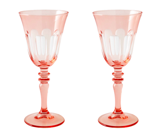 Rialto Wine Glass, set of 2, inspired by Venice's Rialto Bridge. Handcrafted in Turkey, each glass features unique color and cutwork. Holds 9 oz and perfect for adding a festive touch to your table. Hand-wash with a soft cloth and soapy water.