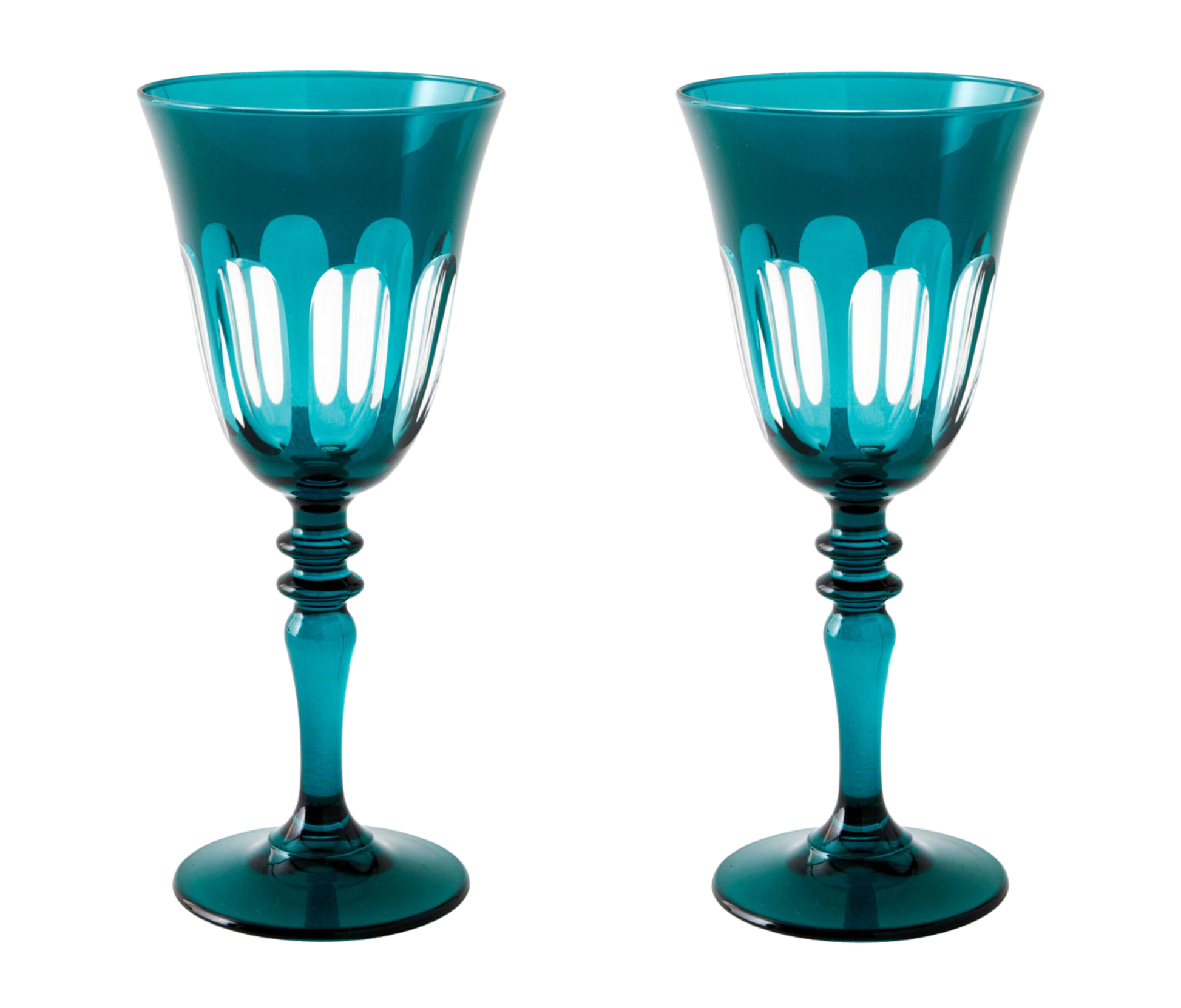 Rialto Wine Glass, set of 2, inspired by Venice's Rialto Bridge. Handcrafted in Turkey, each glass features unique color and cutwork. Holds 9 oz and perfect for adding a festive touch to your table. Hand-wash with a soft cloth and soapy water.