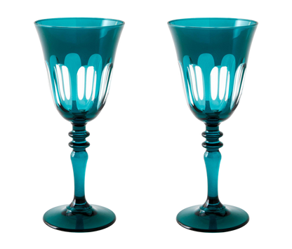 Rialto Wine Glass, set of 2, inspired by Venice's Rialto Bridge. Handcrafted in Turkey, each glass features unique color and cutwork. Holds 9 oz and perfect for adding a festive touch to your table. Hand-wash with a soft cloth and soapy water.