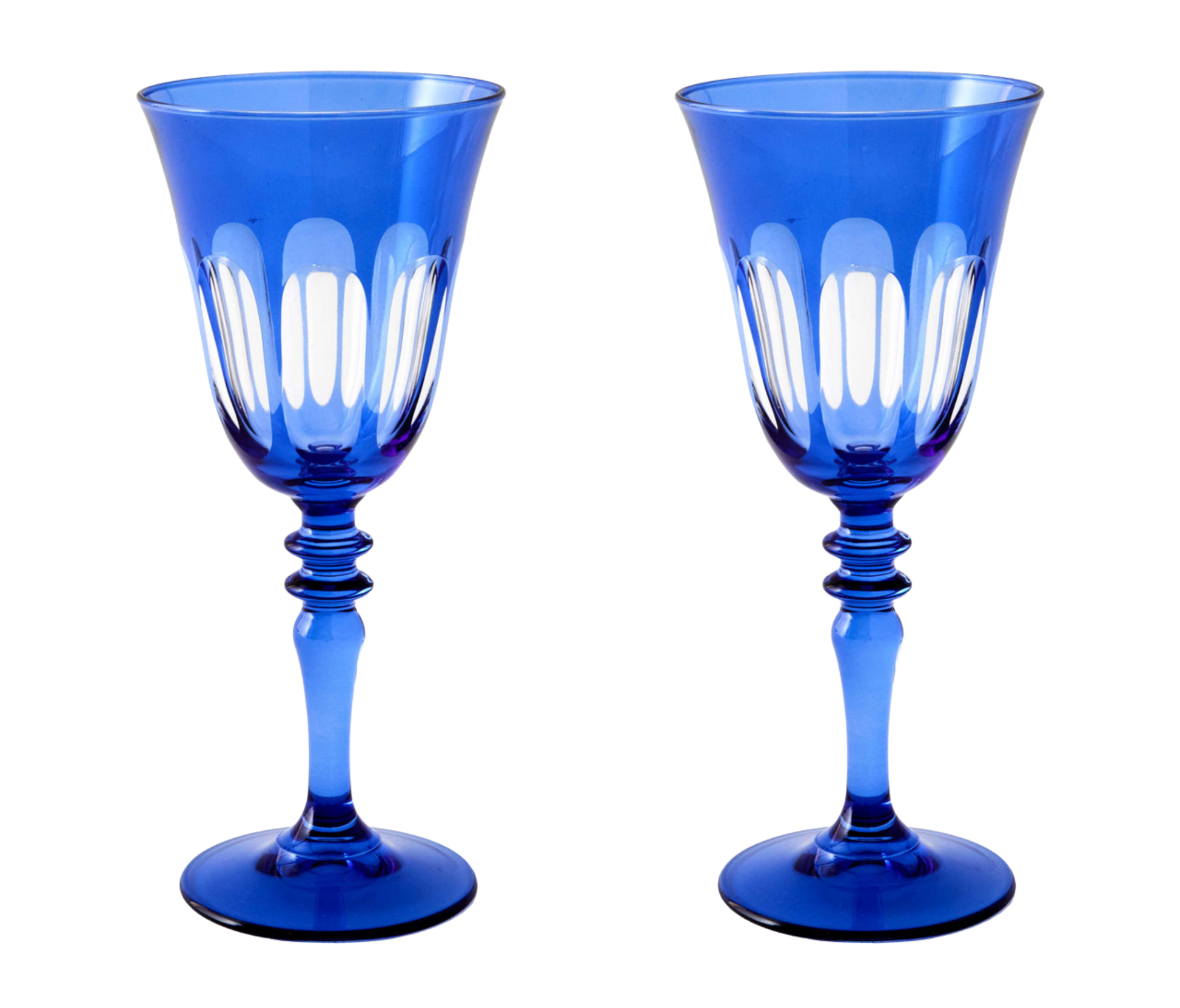 Rialto Wine Glass, set of 2, inspired by Venice's Rialto Bridge. Handcrafted in Turkey, each glass features unique color and cutwork. Holds 9 oz and perfect for adding a festive touch to your table. Hand-wash with a soft cloth and soapy water.