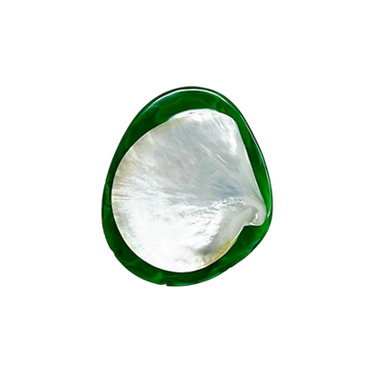 Round Caviar Dish in Emerald, handmade from resin and mother-of-pearl shell, offering a sophisticated design for dining or display. Hand wash only.