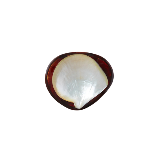 Round Caviar Dish in Tortoise, handmade from resin and mother-of-pearl shell, offering a sophisticated design for dining or display. Hand wash only.