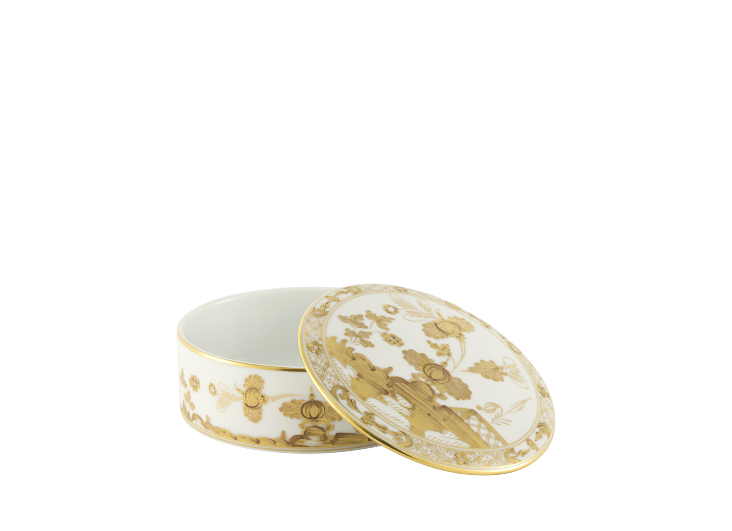 Round porcelain trinket box with a cover, 13cm (5 inches), featuring the Aurum decoration in pure gold from the Oriente Italiano Gold Collection. The box showcases a delicate hand-painted floral motif in gold on a white background.