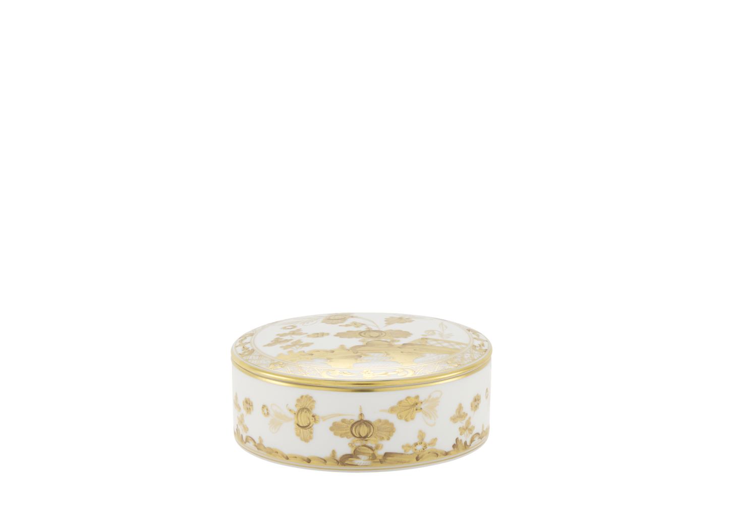 Round porcelain trinket box with a cover, 13cm (5 inches), featuring the Aurum decoration in pure gold from the Oriente Italiano Gold Collection. The box showcases a delicate hand-painted floral motif in gold on a white background.