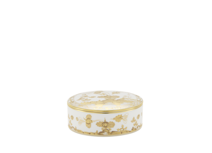 Round porcelain trinket box with a cover, 13cm (5 inches), featuring the Aurum decoration in pure gold from the Oriente Italiano Gold Collection. The box showcases a delicate hand-painted floral motif in gold on a white background.