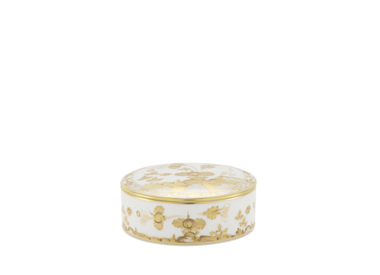 Round porcelain trinket box with a cover, 13cm (5 inches), featuring the Aurum decoration in pure gold from the Oriente Italiano Gold Collection. The box showcases a delicate hand-painted floral motif in gold on a white background.