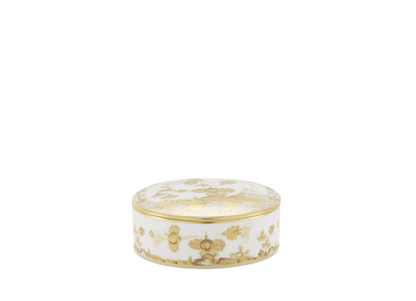 Round porcelain trinket box with a cover, 13cm (5 inches), featuring the Aurum decoration in pure gold from the Oriente Italiano Gold Collection. The box showcases a delicate hand-painted floral motif in gold on a white background.