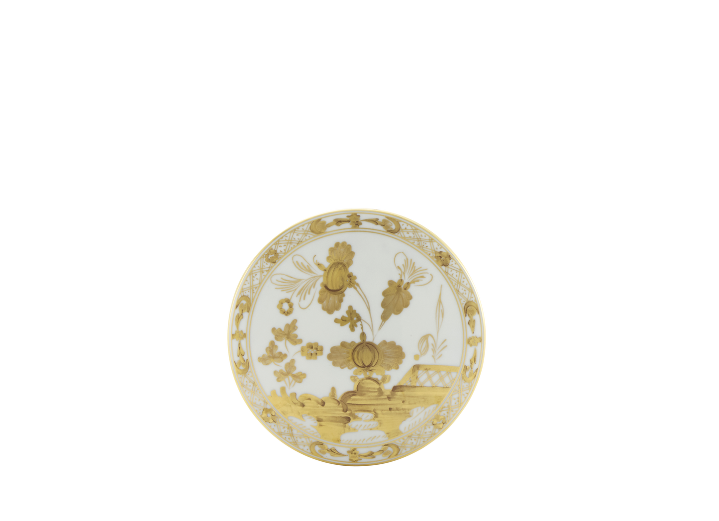 Round porcelain trinket box with a cover, 13cm (5 inches), featuring the Aurum decoration in pure gold from the Oriente Italiano Gold Collection. The box showcases a delicate hand-painted floral motif in gold on a white background.