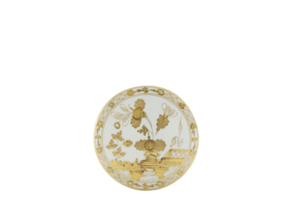 Round porcelain trinket box with a cover, 13cm (5 inches), featuring the Aurum decoration in pure gold from the Oriente Italiano Gold Collection. The box showcases a delicate hand-painted floral motif in gold on a white background.