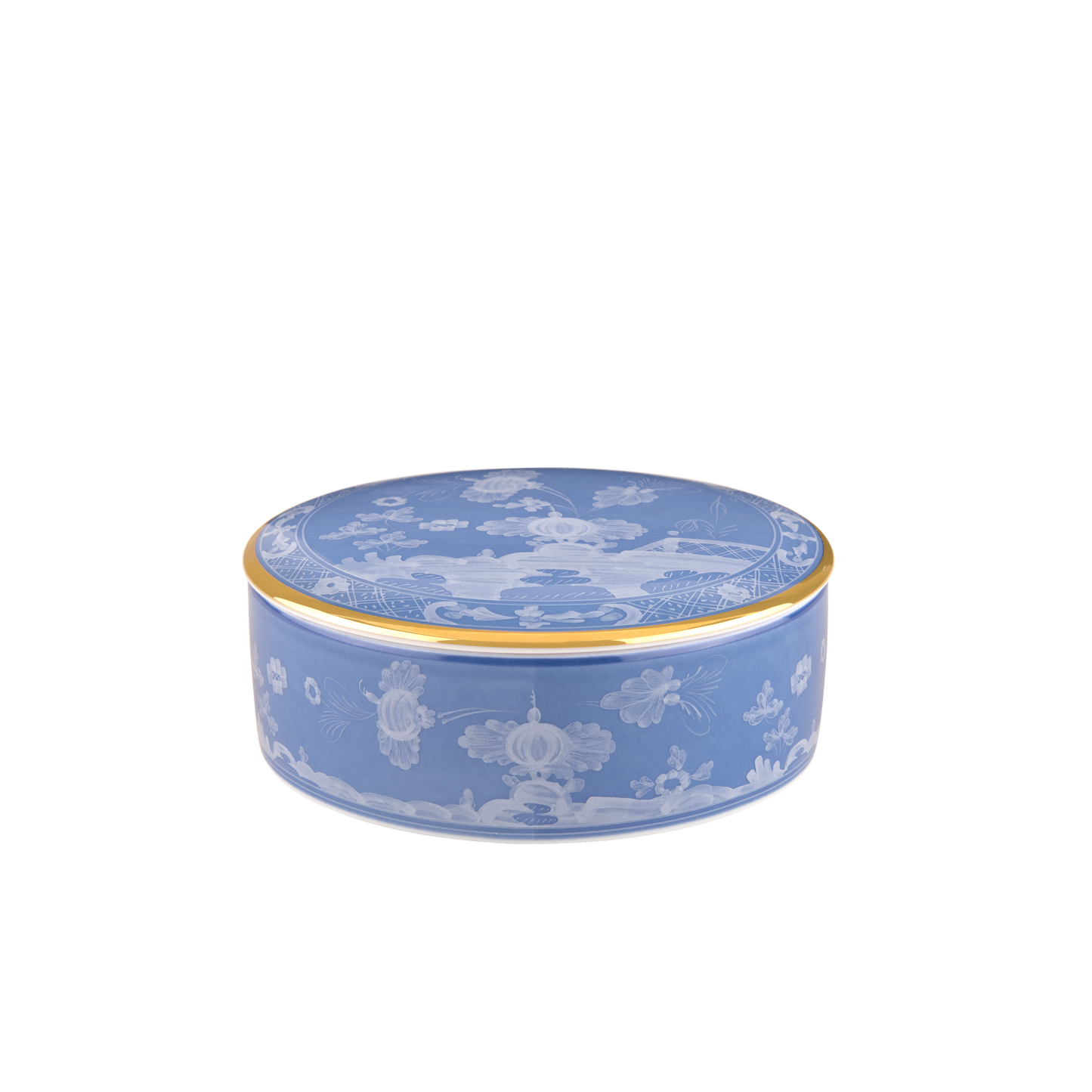 Round trinket box with cover, 13cm (5 inches), in porcelain with gold threading from the Oriente Italiano collection. Features the iconic 'carnation' motif in Pervinca with periwinkle blue decoration and delicate tone-on-tone floral design