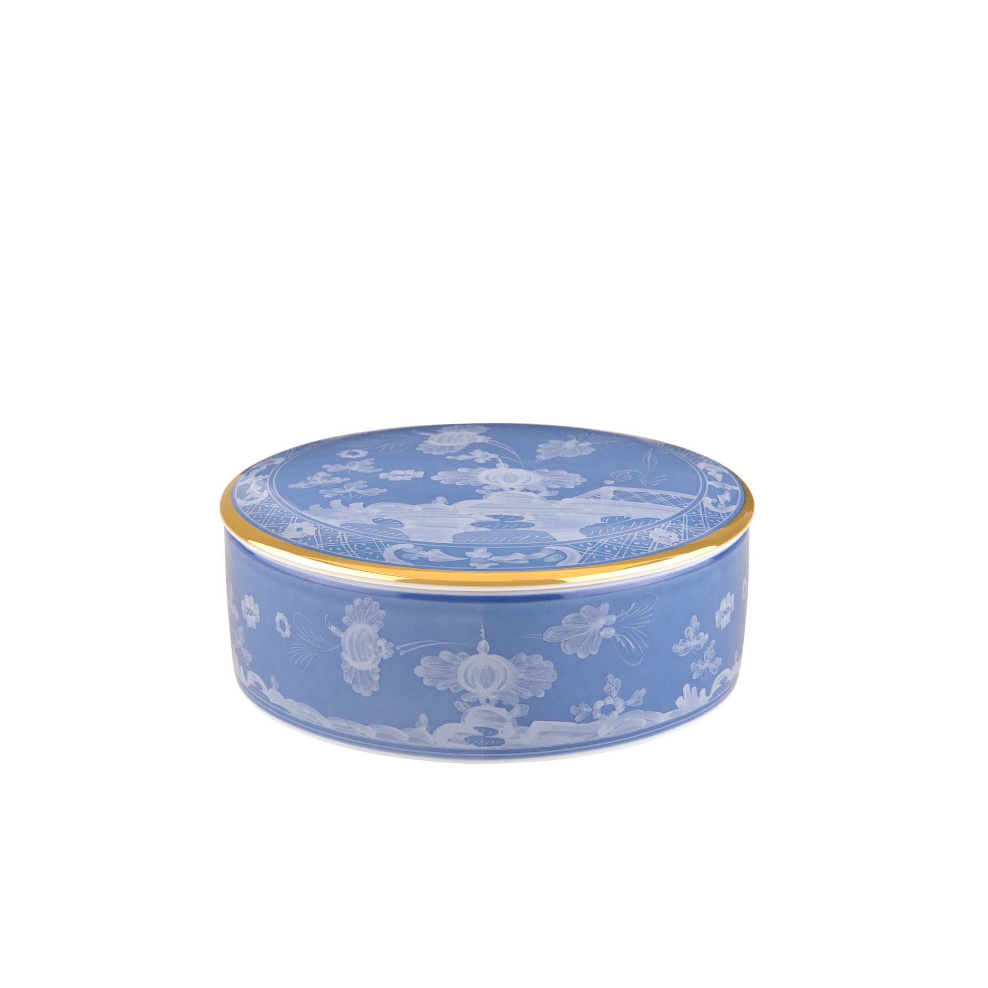 Round trinket box with cover, 13cm (5 inches), in porcelain with gold threading from the Oriente Italiano collection. Features the iconic 'carnation' motif in Pervinca with periwinkle blue decoration and delicate tone-on-tone floral design