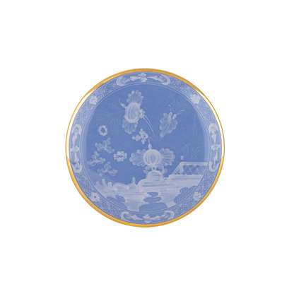 Round trinket box with cover, 13cm (5 inches), in porcelain with gold threading from the Oriente Italiano collection. Features the iconic 'carnation' motif in Pervinca with periwinkle blue decoration and delicate tone-on-tone floral design