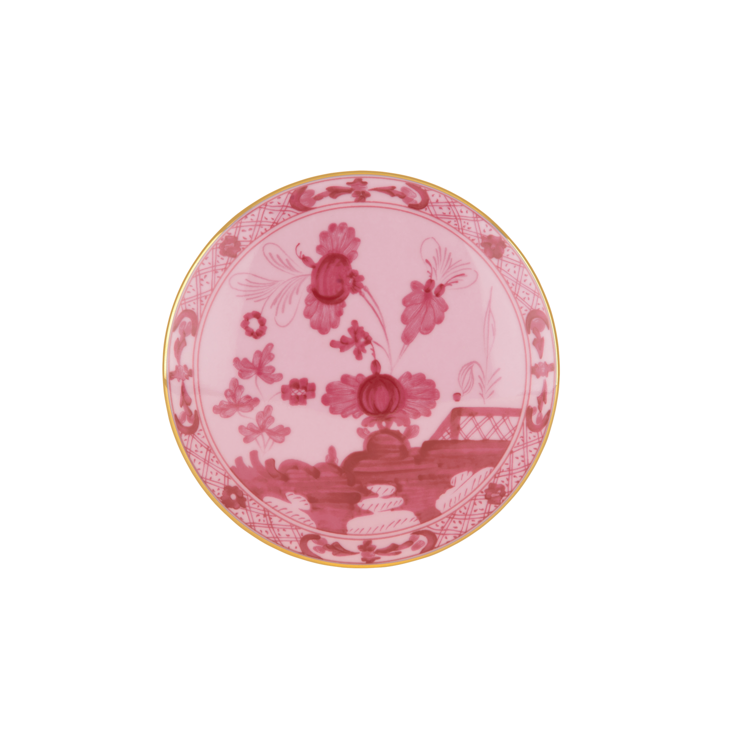 Round porcelain trinket box with cover (13cm, 5 inches) from the Oriente Italiano collection. Features a deep purple-pink background with the famous "carnation" motif in Porpora, elegantly framed by hand-painted gold threading.