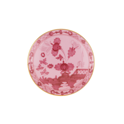 Round porcelain trinket box with cover (13cm, 5 inches) from the Oriente Italiano collection. Features a deep purple-pink background with the famous "carnation" motif in Porpora, elegantly framed by hand-painted gold threading.