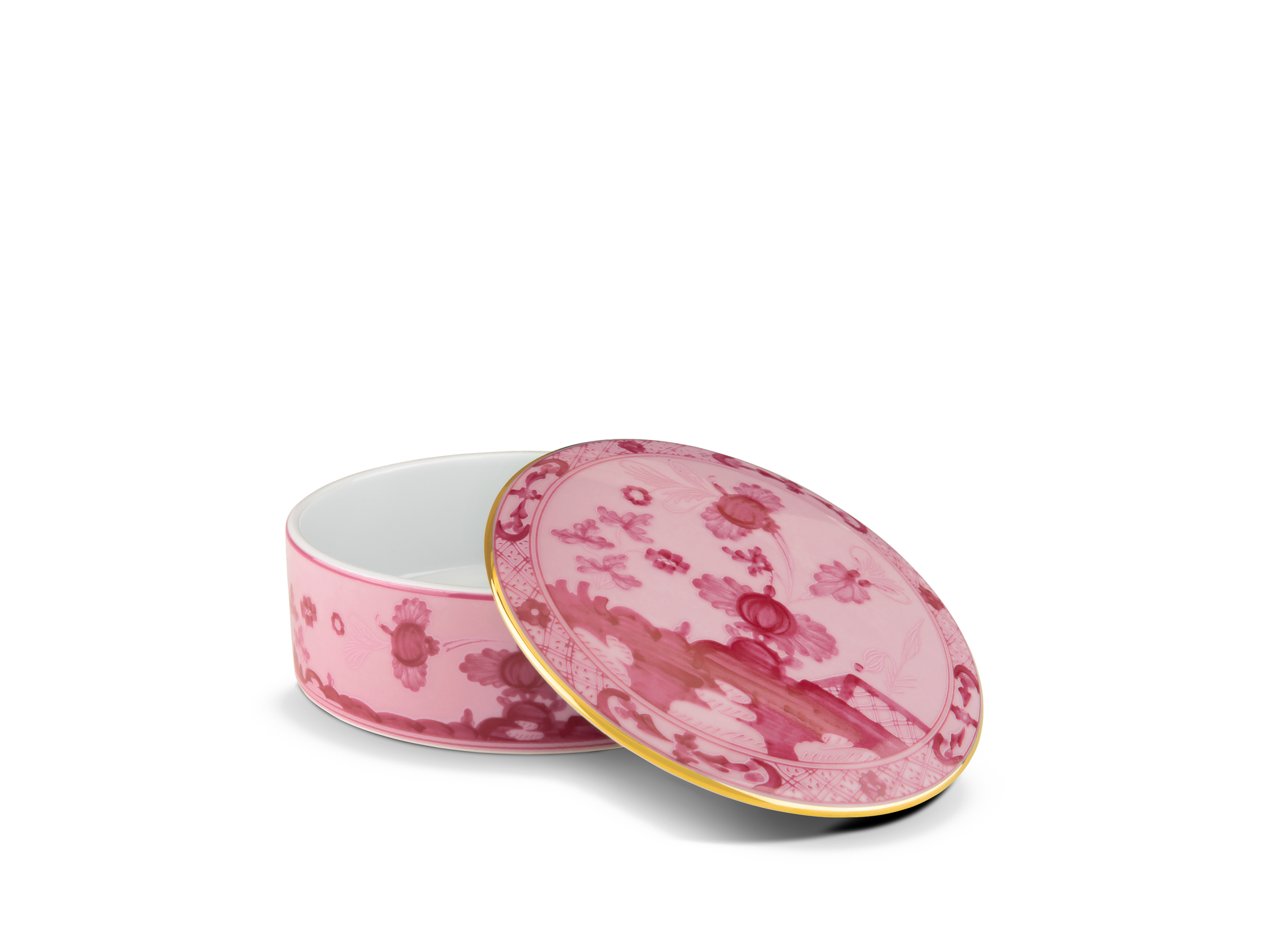 Round porcelain trinket box with cover (13cm, 5 inches) from the Oriente Italiano collection. Features a deep purple-pink background with the famous "carnation" motif in Porpora, elegantly framed by hand-painted gold threading. open