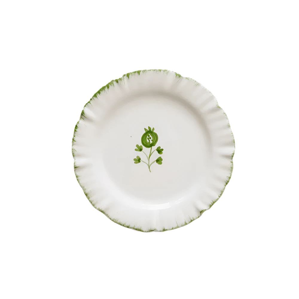 Set of 4 Ruffled Green Ceramic Plates with a soft green border and delicate ruffled edges. Each plate measures 5.5" in diameter, perfect for appetizers or small dishes. Microwave and dishwasher safe. Made in Portugal.