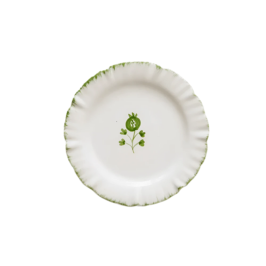 Set of 4 Ruffled Green Ceramic Plates with a soft green border and delicate ruffled edges. Each plate measures 5.5" in diameter, perfect for appetizers or small dishes. Microwave and dishwasher safe. Made in Portugal.