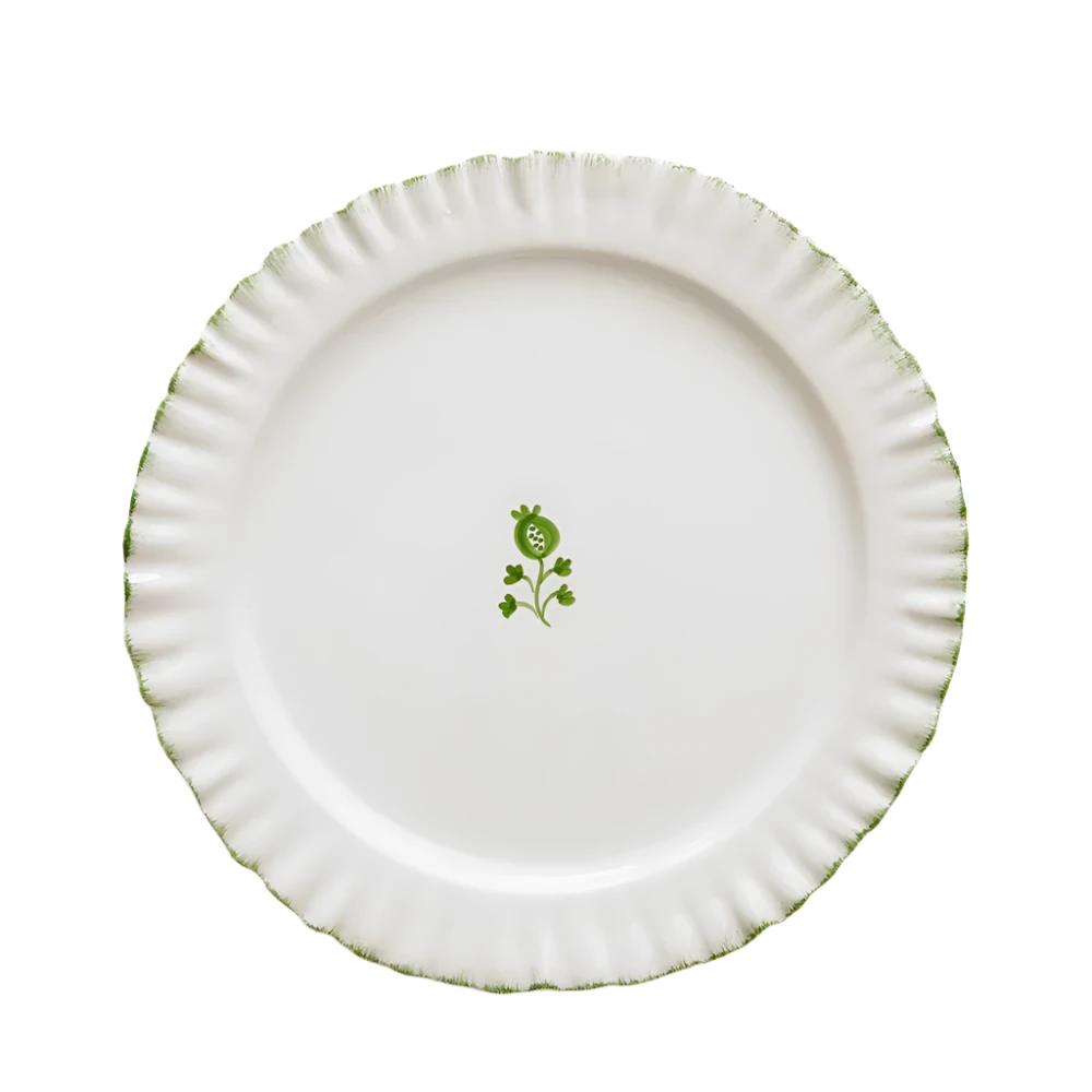 Set of 2 Ruffled Green Dinner Plates with soft green edging and a unique ruffled rim. Handmade from 100% ceramic, these plates are microwave and dishwasher safe. Each plate measures 10.5" in diameter. Made in Portugal.