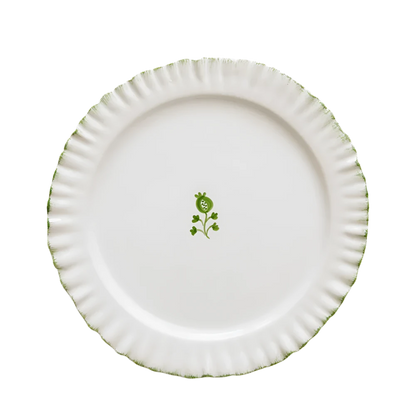 Set of 2 Ruffled Green Dinner Plates with soft green edging and a unique ruffled rim. Handmade from 100% ceramic, these plates are microwave and dishwasher safe. Each plate measures 10.5" in diameter. Made in Portugal.