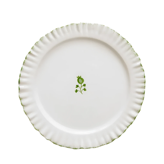 Set of 2 Ruffled Green Dinner Plates with soft green edging and a unique ruffled rim. Handmade from 100% ceramic, these plates are microwave and dishwasher safe. Each plate measures 10.5" in diameter. Made in Portugal.