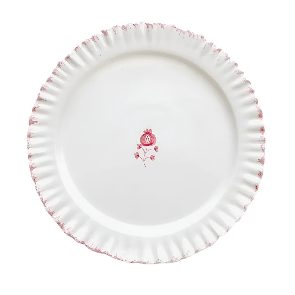 Set of 2 hand-painted Ruffled Rose Dinner Plates with soft pink edging, ruffled rim, and a delicate floral motif at the center. Made from 100% ceramic, microwave and dishwasher safe. Each plate measures 10.5" in diameter. Made in Portugal.