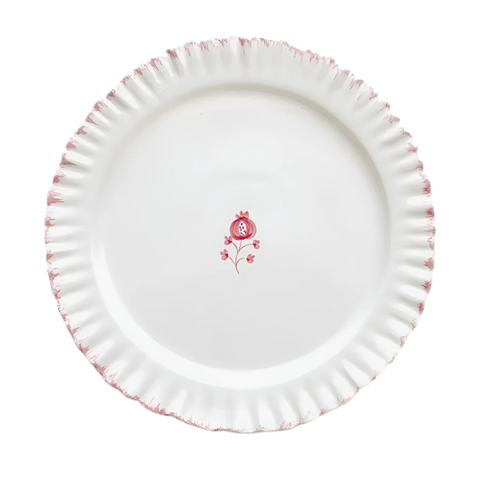 Set of 2 hand-painted Ruffled Rose Dinner Plates with soft pink edging, ruffled rim, and a delicate floral motif at the center. Made from 100% ceramic, microwave and dishwasher safe. Each plate measures 10.5" in diameter. Made in Portugal.