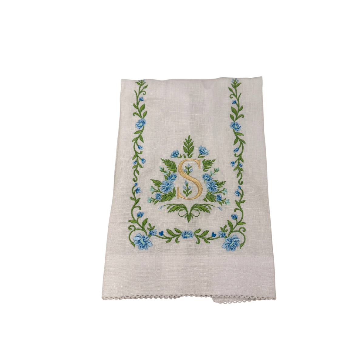 Floral Embroidered Monogram Linen Towel - Blue