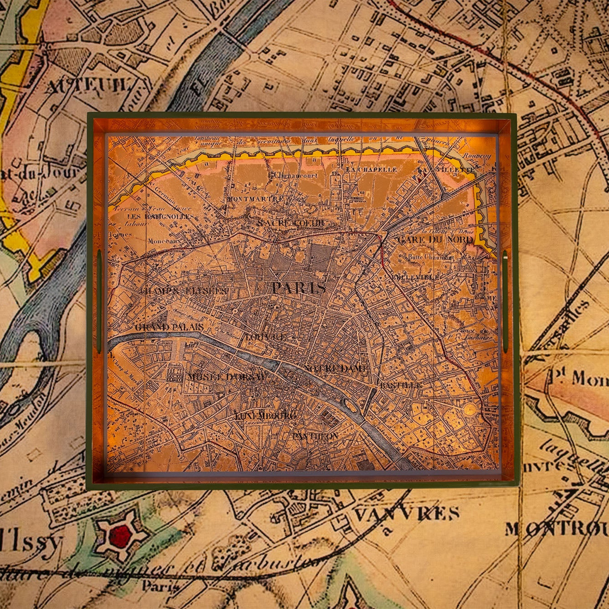 Gold Leaf Paris Map Rectangular Lacquered Tray