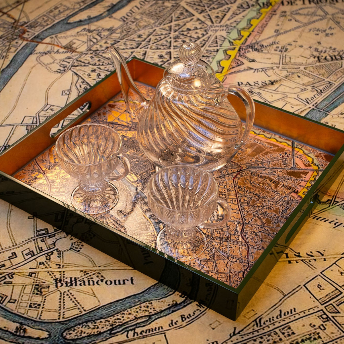 Gold Leaf Paris Map Rectangular Lacquered Tray