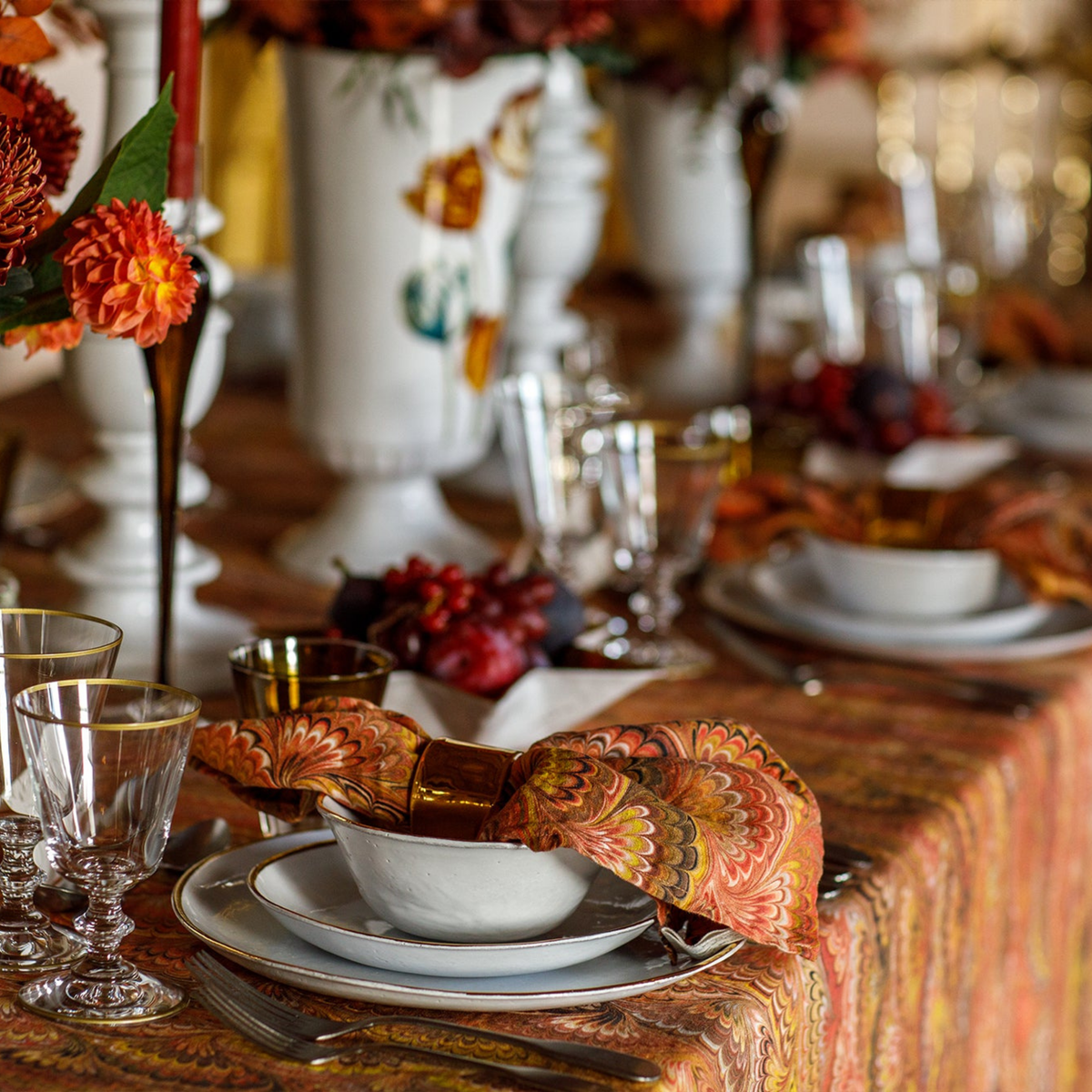 Set of 4 Marble Fan Linen Napkins - Rust Red, Yellow & Orange