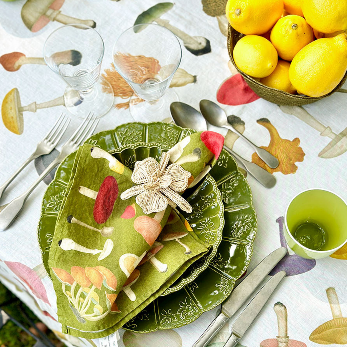 x John Derian Green Fungi Linen Napkins - Set of 4