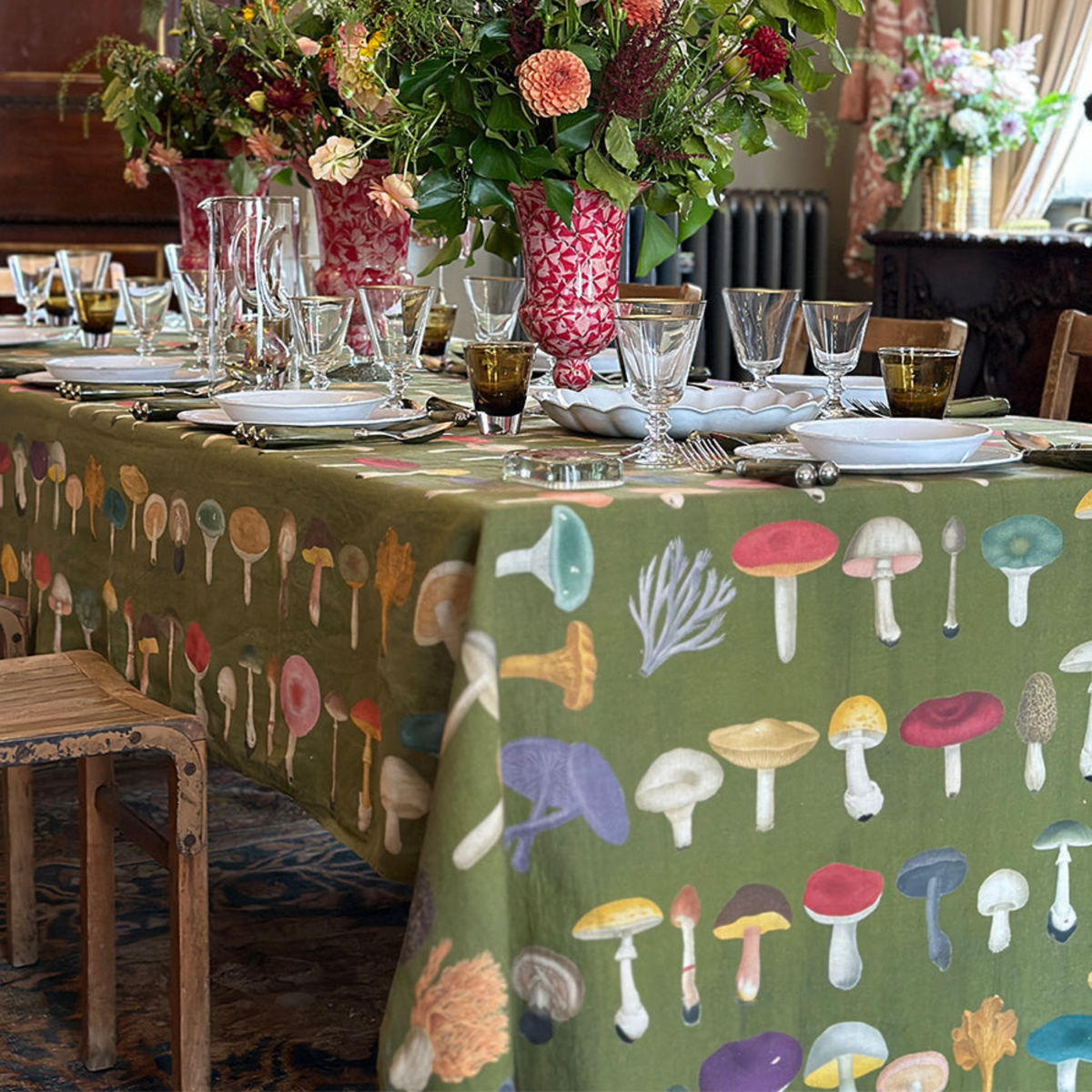 x John Derian Green Fungi Linen Tablecloth