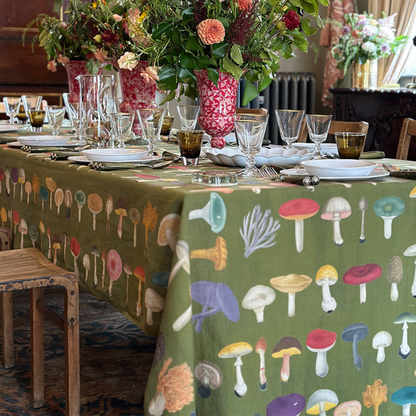 x John Derian Green Fungi Linen Tablecloth