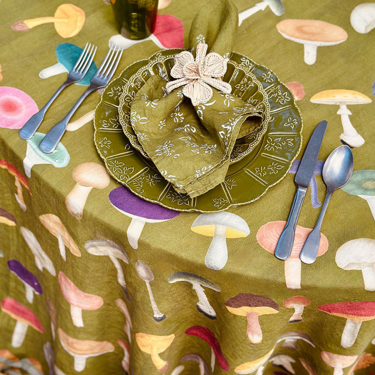 x John Derian Green Fungi Linen Tablecloth