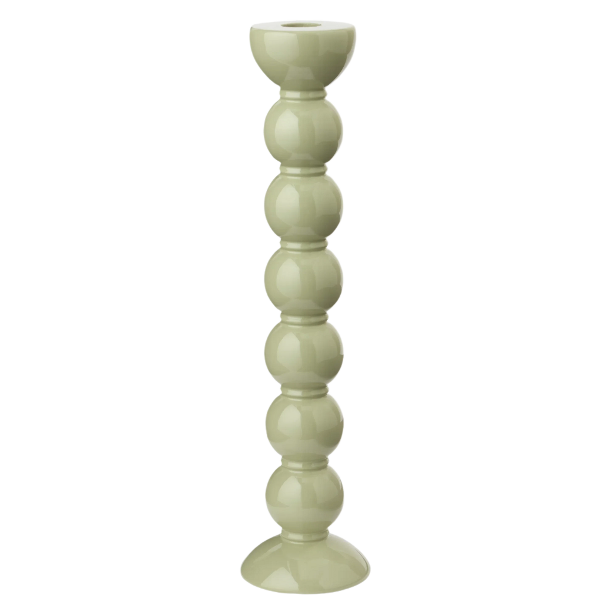 Extra tall sage lacquered bobbin-shaped candlestick made from FSC-certified rubber wood, with a glossy hand-polished finish, designed for standard dinner candles.