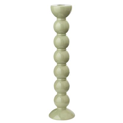 Extra tall sage lacquered bobbin-shaped candlestick made from FSC-certified rubber wood, with a glossy hand-polished finish, designed for standard dinner candles.