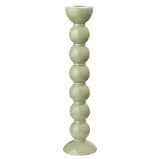 Extra tall sage lacquered bobbin-shaped candlestick made from FSC-certified rubber wood, with a glossy hand-polished finish, designed for standard dinner candles.