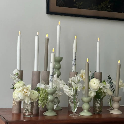 Extra tall sage lacquered bobbin-shaped candlestick made from FSC-certified rubber wood, with a glossy hand-polished finish, designed for standard dinner candles.