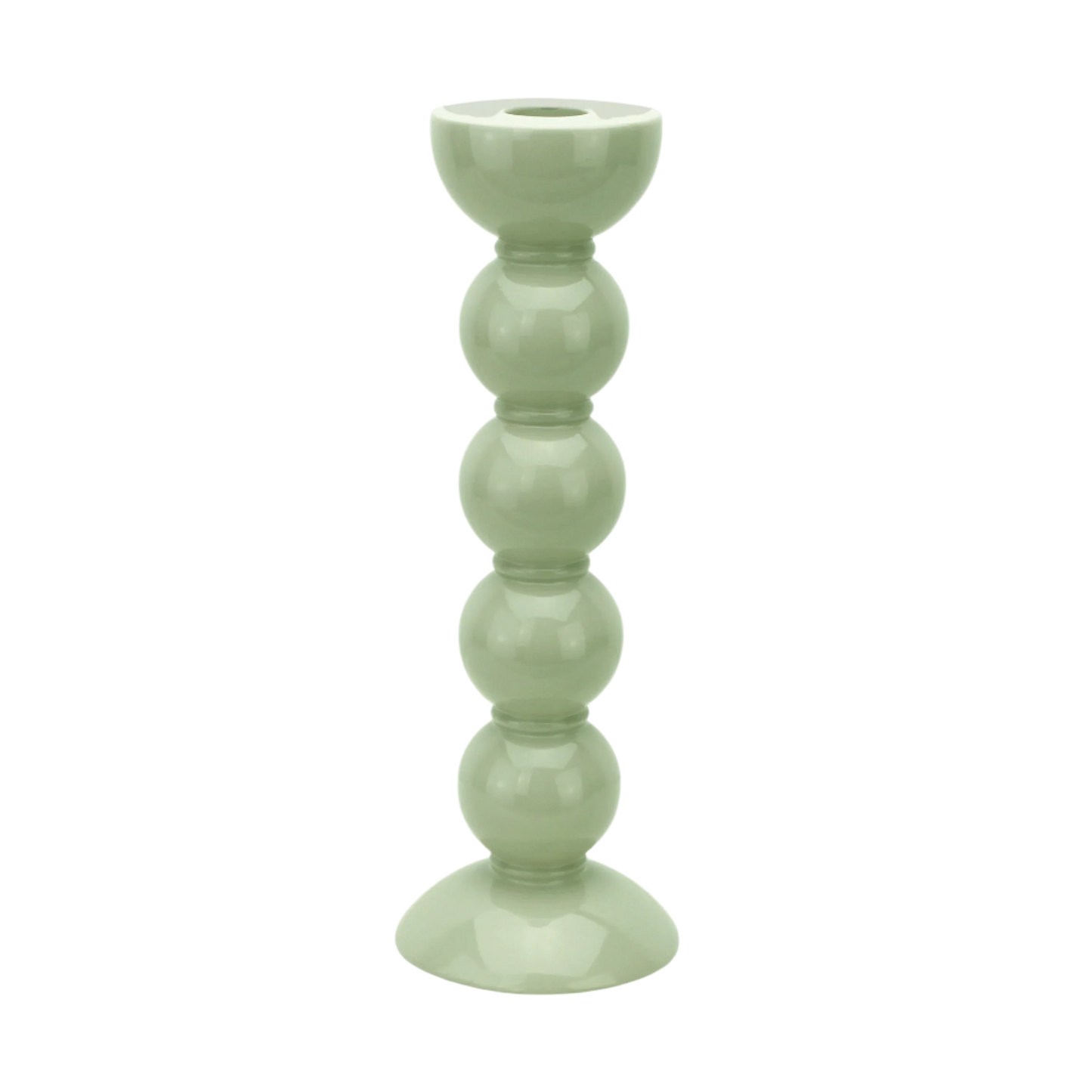 Tall sage lacquered bobbin-shaped candlestick made from FSC-certified rubber wood, with a glossy hand-polished finish, designed for standard dinner candles.