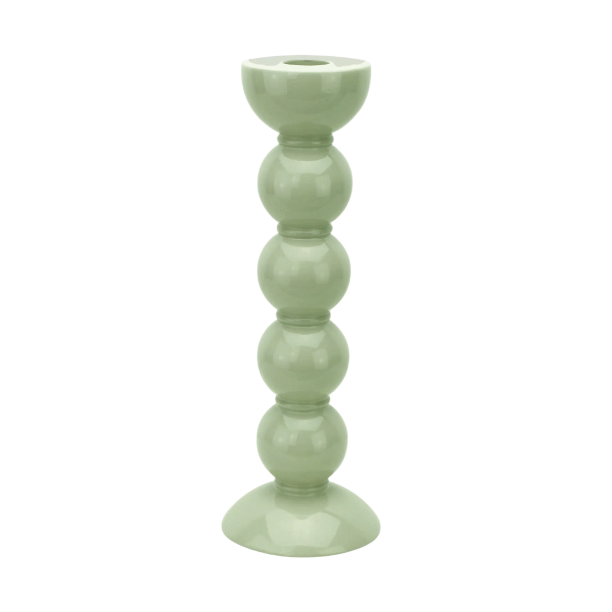 Tall sage lacquered bobbin-shaped candlestick made from FSC-certified rubber wood, with a glossy hand-polished finish, designed for standard dinner candles.