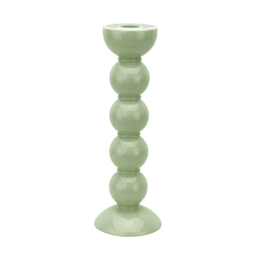 Tall sage lacquered bobbin-shaped candlestick made from FSC-certified rubber wood, with a glossy hand-polished finish, designed for standard dinner candles.