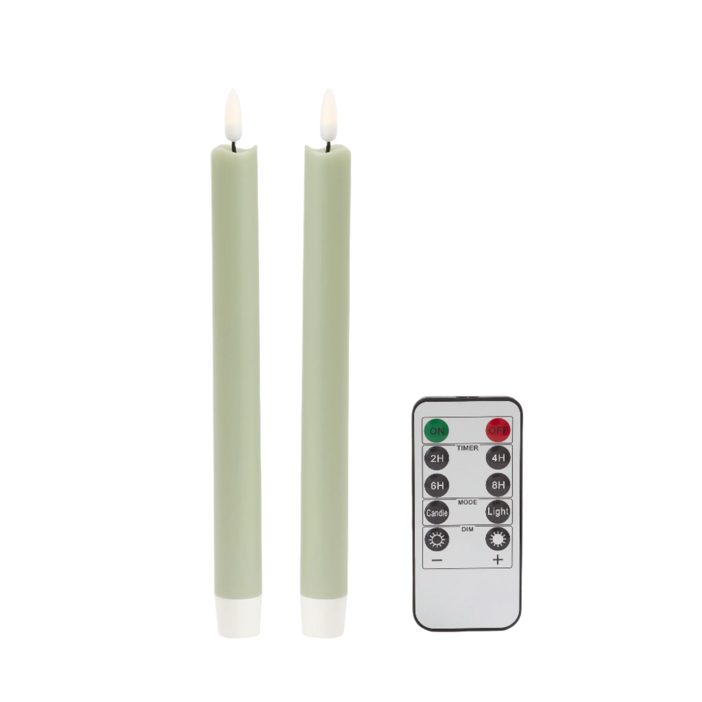 Pair of sage LED battery-powered wax candles, color-matched with lacquered bobbin candlesticks, featuring a real wax exterior, remote control, and flicker mode for a soft twinkle.